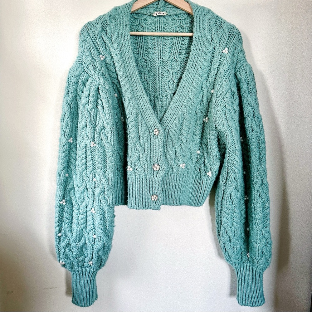 Robin Embellished Cable Knit Cardigan Sweater Teal Pearl Buttons Size Medium